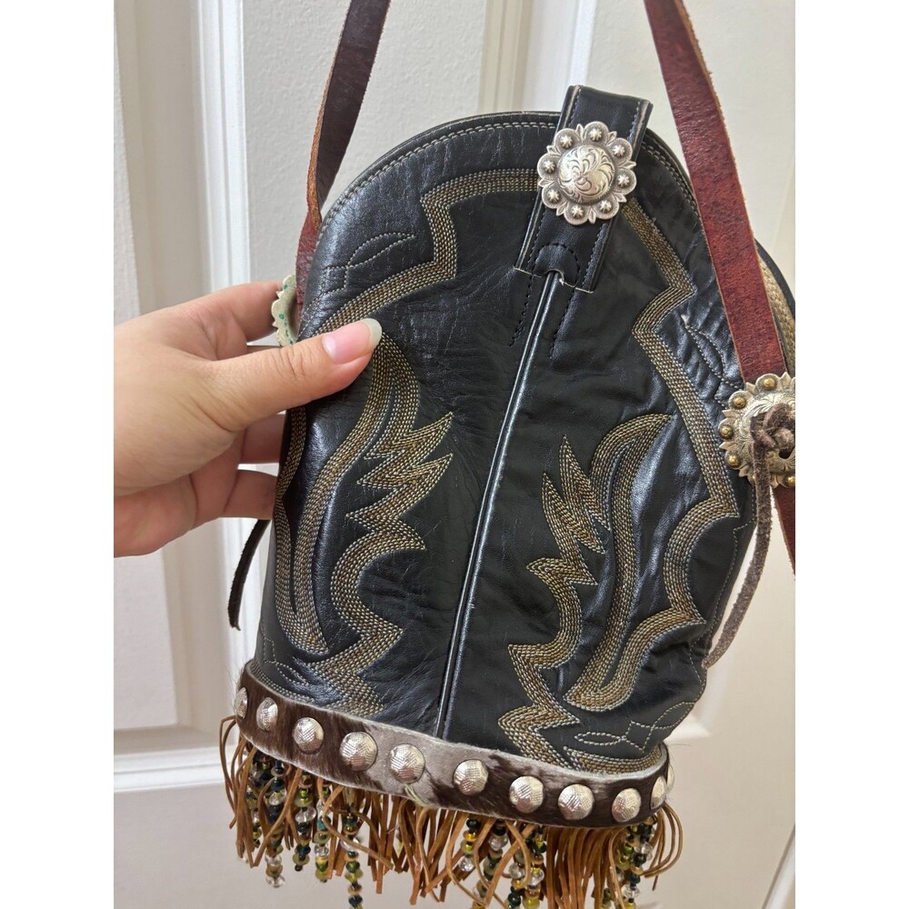 Boot Purse Brown Leather Western Cowboy Crossbody Bag Black Fringe Handmade - Picture 6 of 11